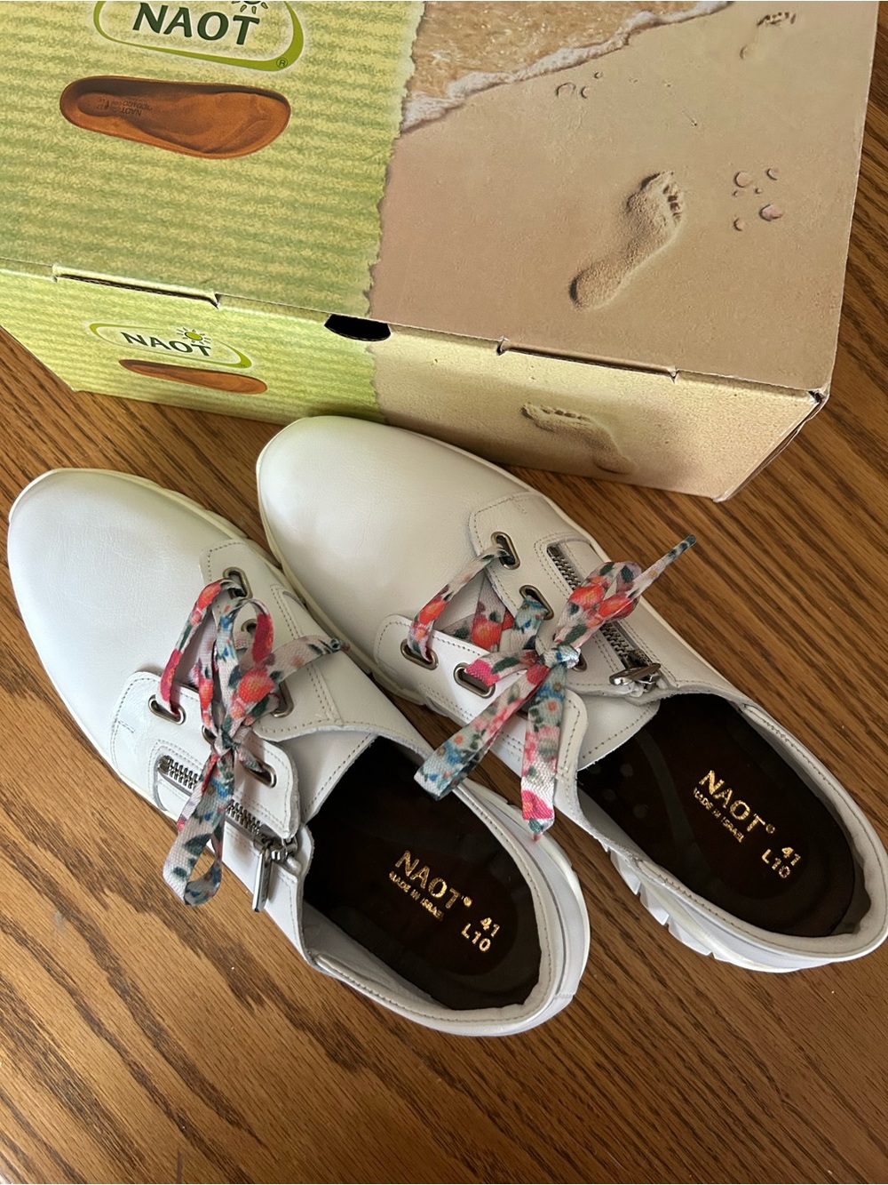 NAOT White Leather Sneakers with Floral Laces